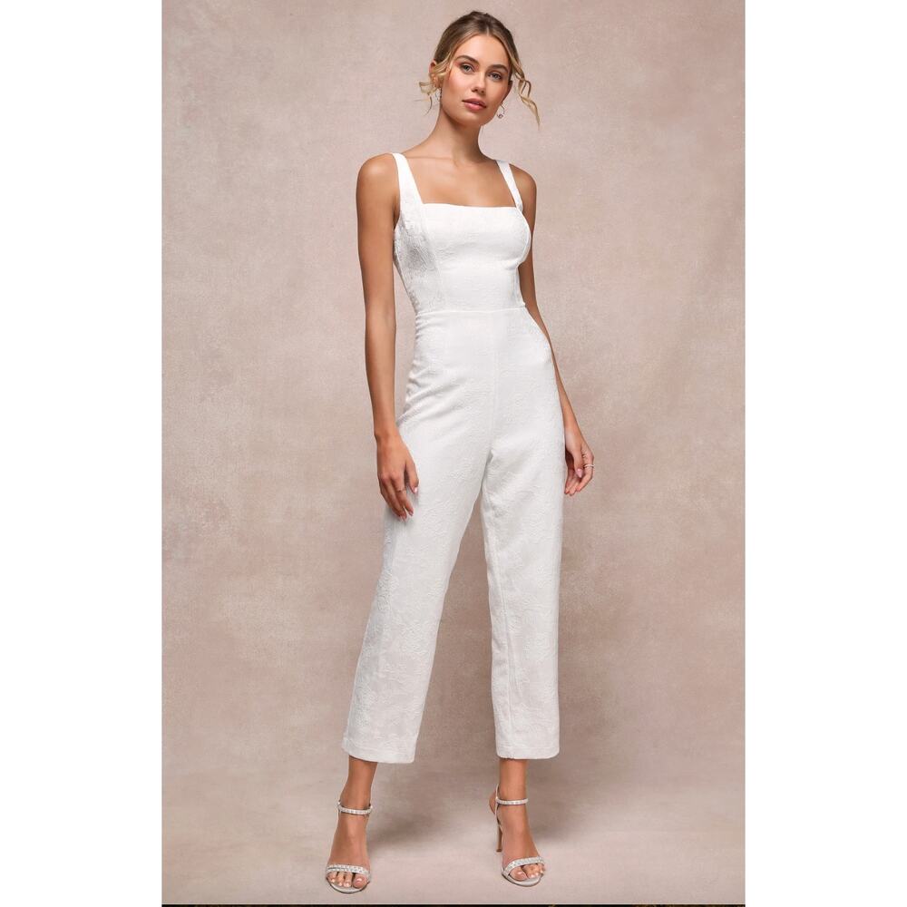 NEW Lulus Exceptional Vision White Jacquard Removable Bow Jumpsuit Bridal XL